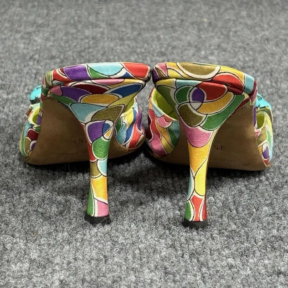Manolo Blahnik Atomica Shoes Womens 5 Green Blue Printed Silk Mules Heels Italy